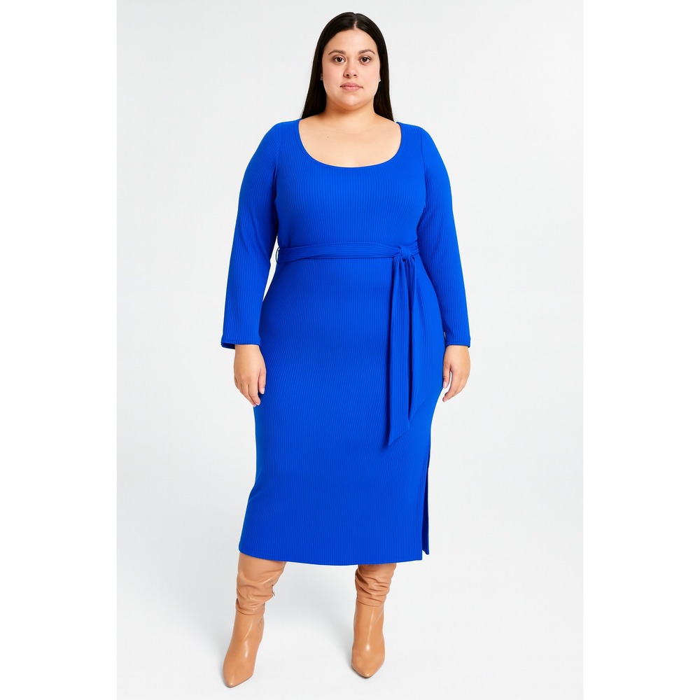 Bar Iii Women's Long-Sleeve Square-Neck Tie Rib MIDI Dress Size XL Deep Cobalt